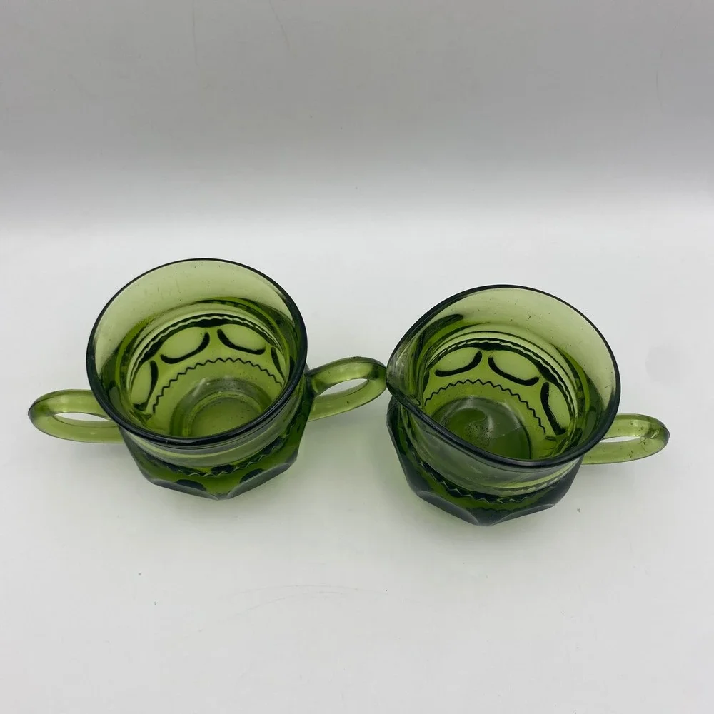Vintage Green Glass Creamer and Sugar Bowl Set Thumbprint Pattern Retro MCM‎